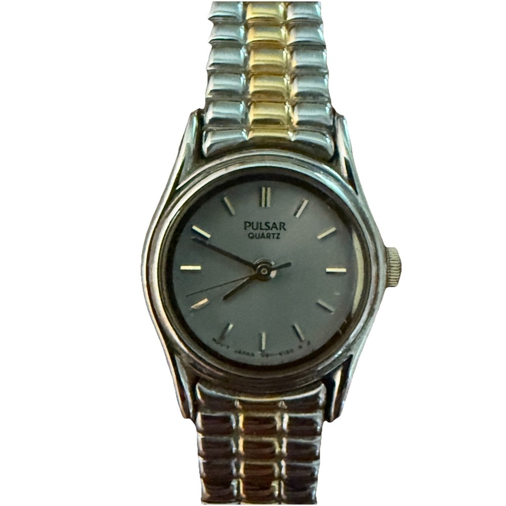 Vintage Pulsar Watch Women Gold Silver Dual Tone Round Date Stretch Need Battery